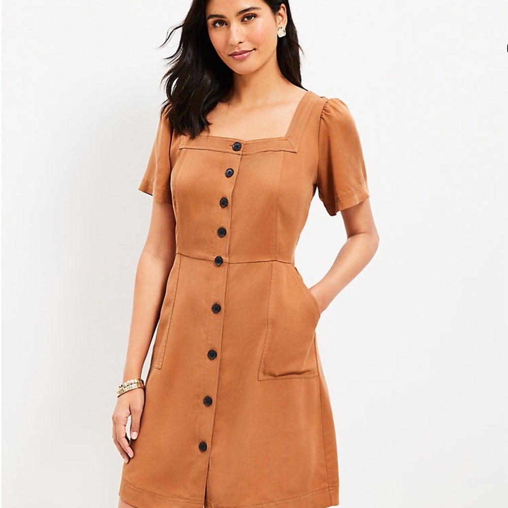 Square Neck Button Pocket Dress